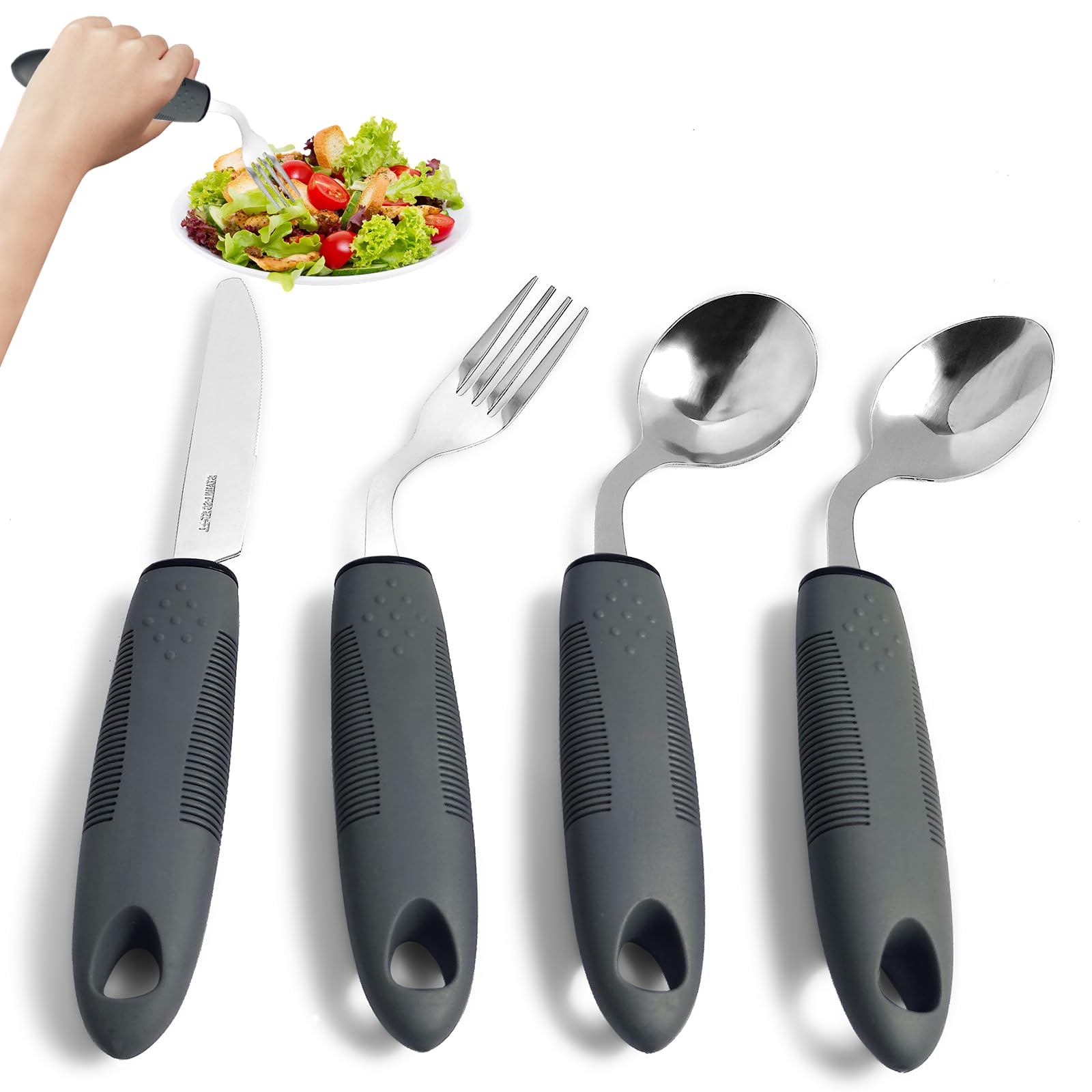 Juego de utensilios adaptativos para pacientes con Parkinson, utensilios pesados para temblores de manos, cubiertos de fácil agarre para ancianos (gris: zurdo)