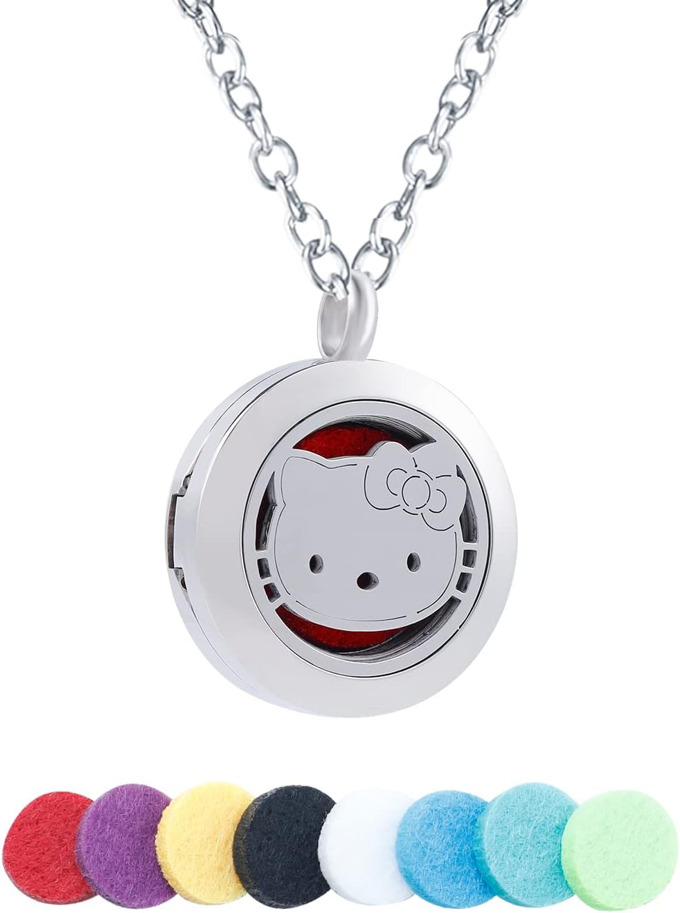Kitty Essential Oil Diffuser Necklace Aromatherapy Kitty Cat Locket Pendant Stainless Steel Necklace for Women Aroma Therapy Perfume Necklace, Stainless Steel, naa