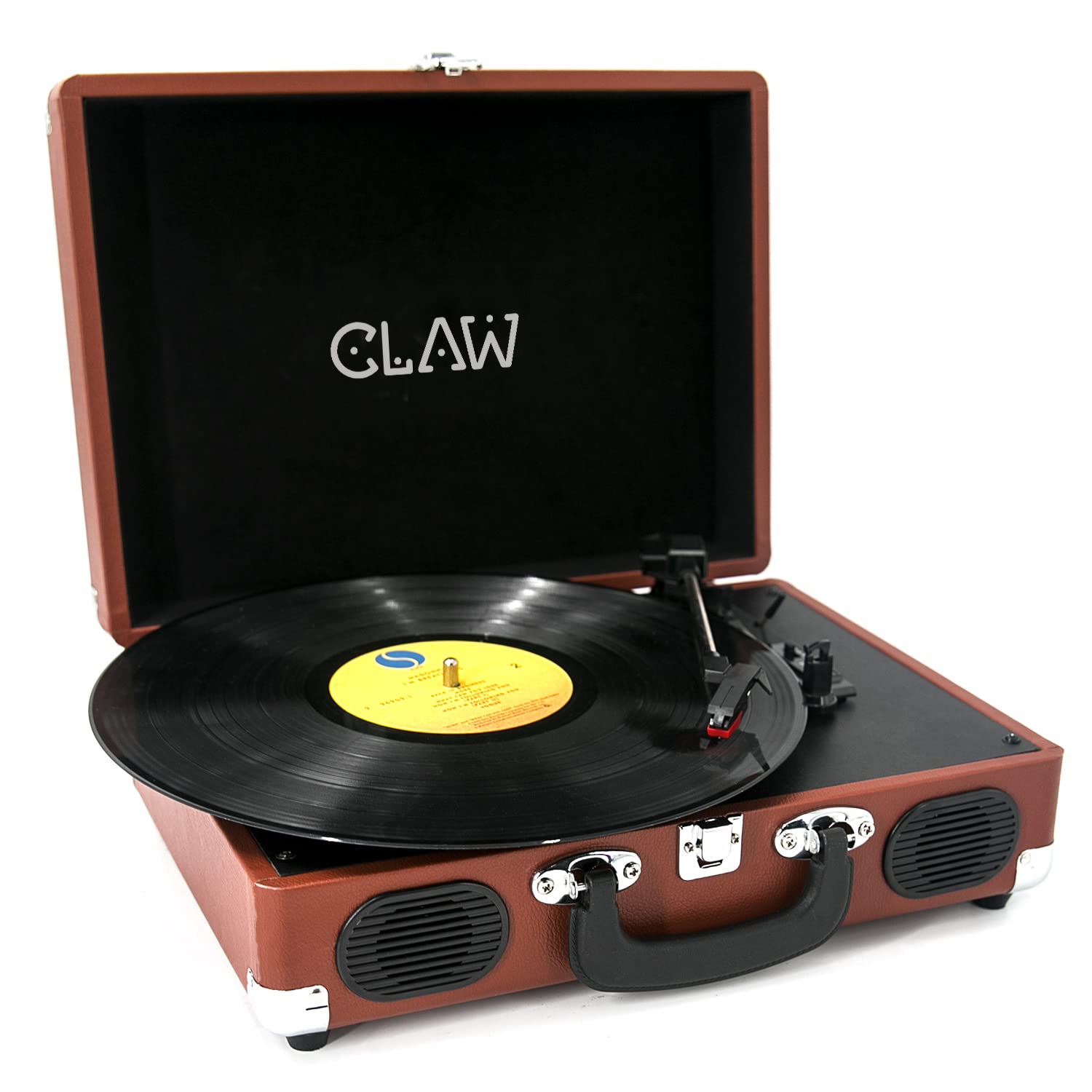 Claw Stag Portable Vinyl Record Player Turntable with Built-in Stereo Speakers, Volume Control Knob, AUX Input and RCA Output, 78 RPM Speed, High Qualiy Diamond Stylus and Headphone Jack (Brown)