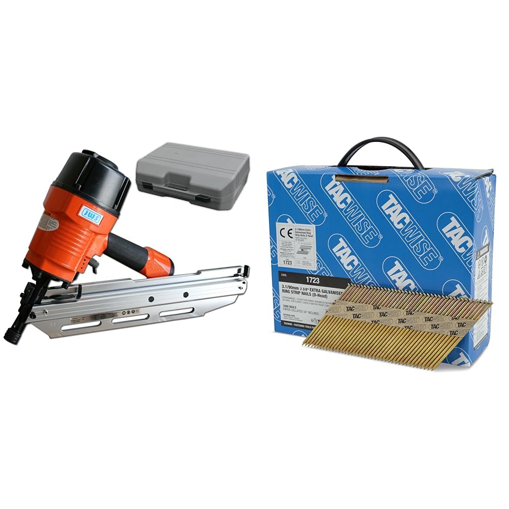 Druckluft Streifennagler Druckluftnagler Nagelgerät 34° 50mm bis 90mm Nagler & TACWISE 1723 Extra verzinkte Rahmennägel, 3,1/90 mm, D-Kopf, Ringschaft
