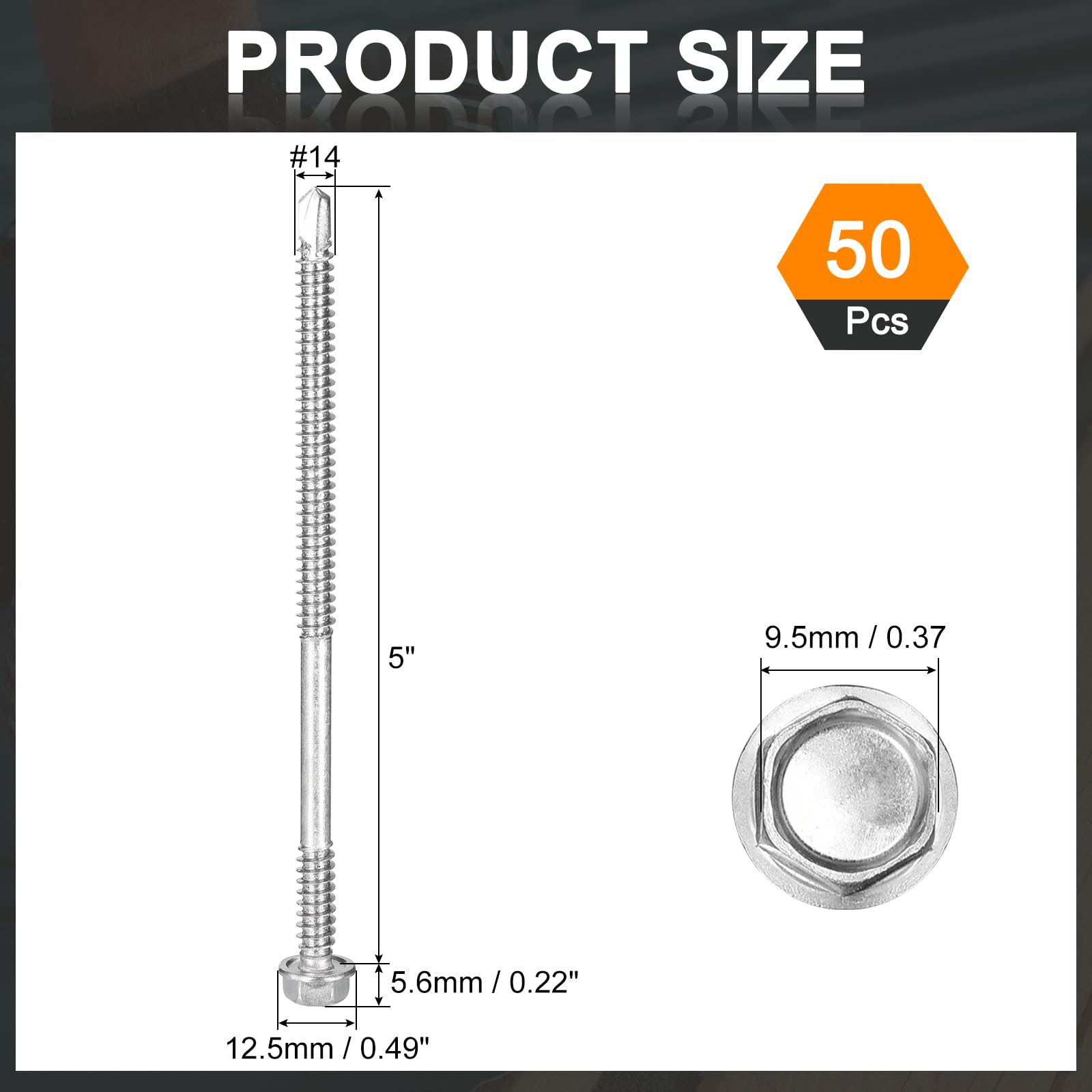 uxcell 50 viti autofilettanti #14 x 5, viti autofilettanti in acciaio inox 410 per metallo, testa esagonale a rondella in lamiera