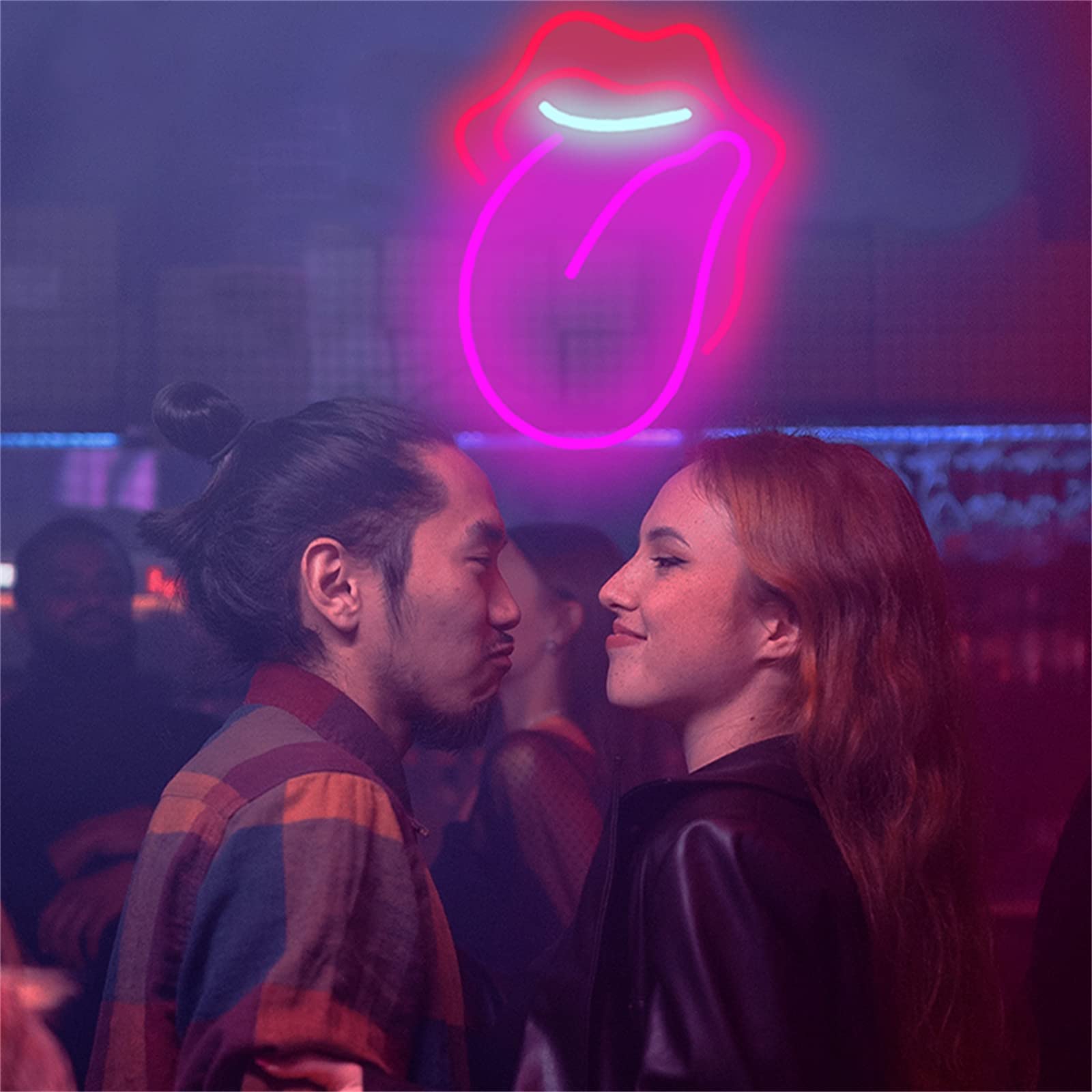 Letrero de luz de neón LED Letreros de neón de boca sexy, Luces de neón LED USB para labios y lengua para decoración de bar, Letrero luminoso para colgar en la pared de la ventana con interruptor, 32x