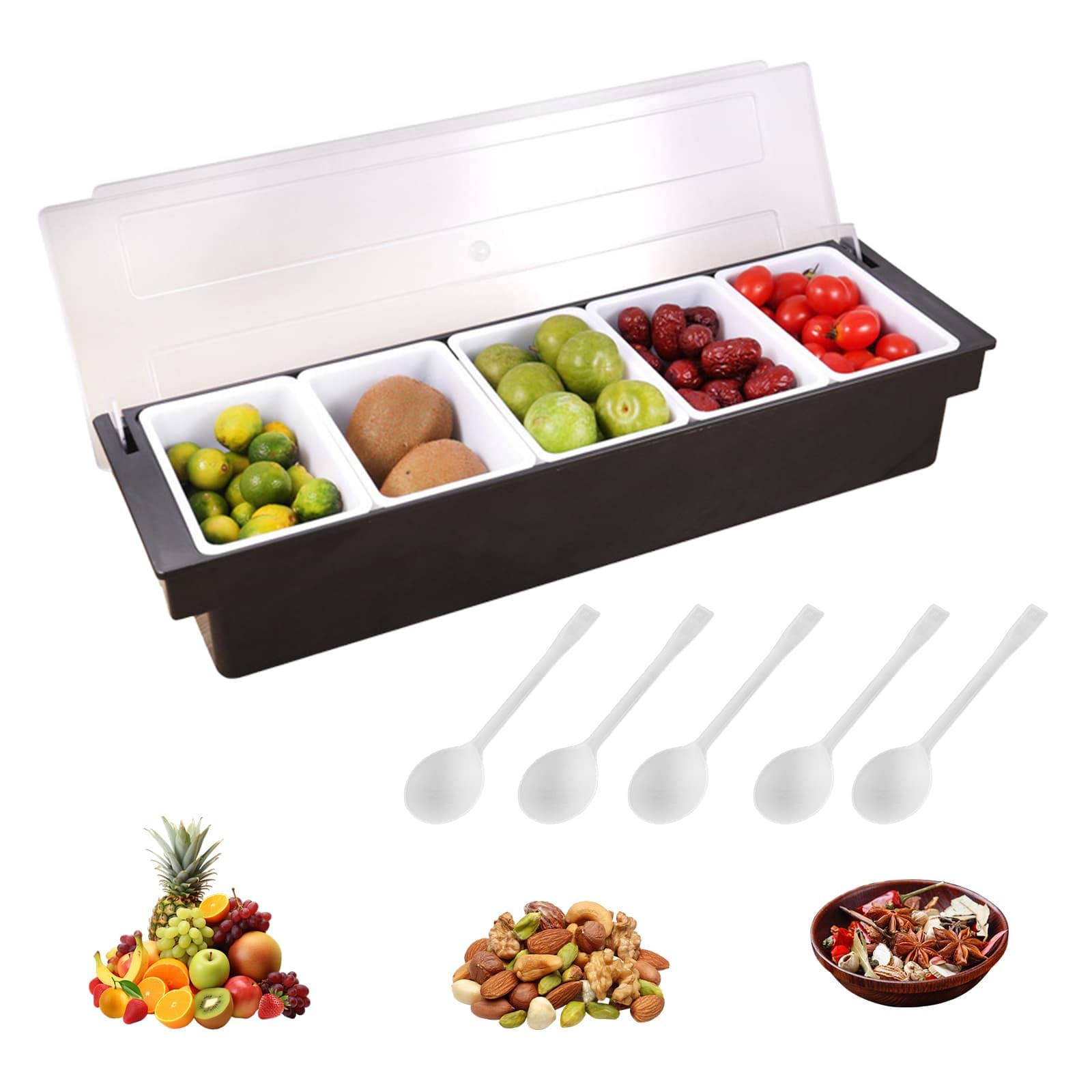 Weeloo Black Compartment Condiment Container With Lid, Pizza Toppings Seasoning Box
