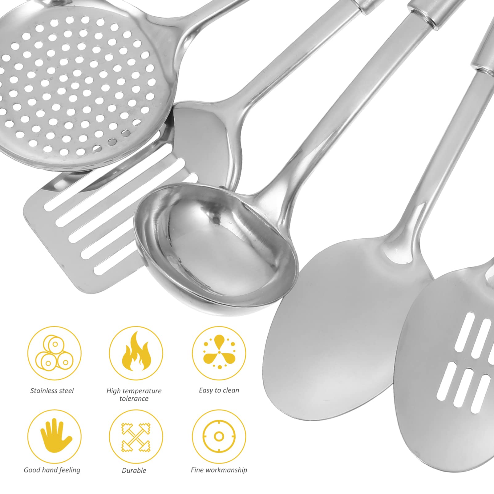 1 Set 5-tlg. Edelstahl-Utensilien aus Stahl für Zuhause, Küche, Wender, Skimmer mit silbernem Spatel, Utensilien zum Frittieren mit Schlitzen, zum Backen von Kochgeschirr, Hitze-Gadgets, Seifenschau