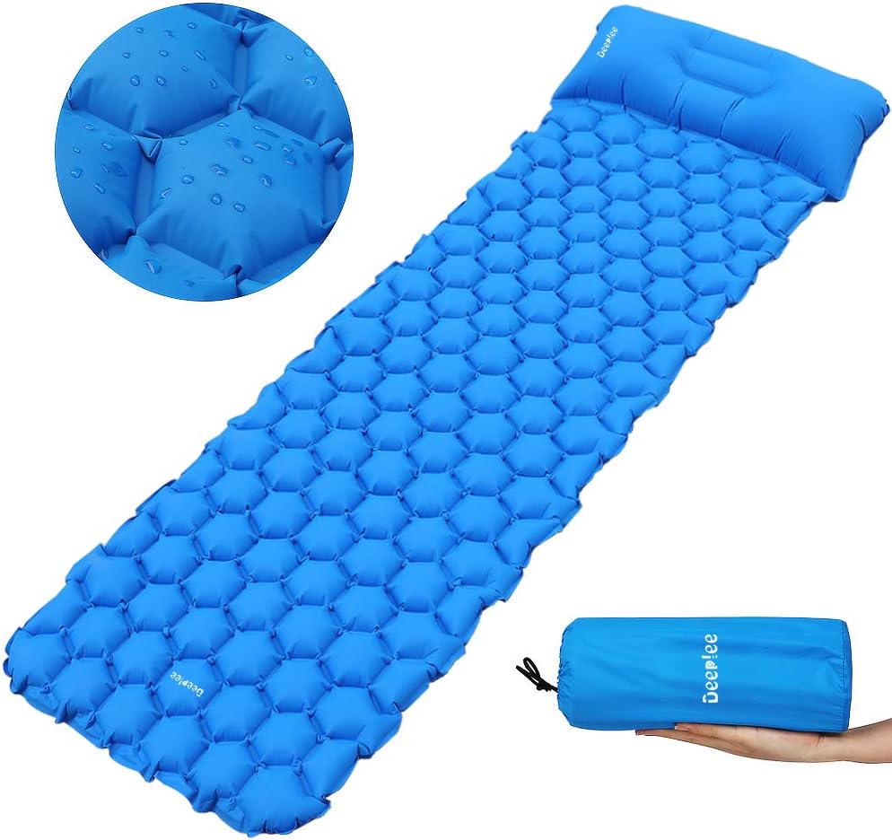 Deeplee Camping Mat, Inflatable Sleeping Mat with Pillow, Ultralight Sleeping Pad for Backpacking, Camping, Hiking