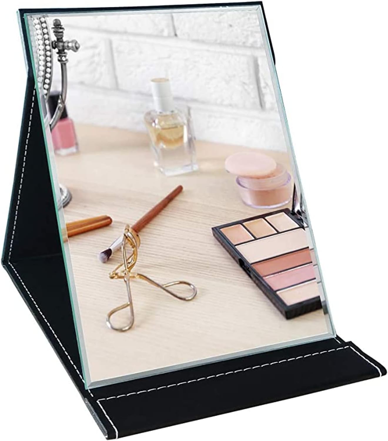 YANCI® Portable Folding Makeup Mirror Black PU Leather Travel Mirror Vanity Mirrors with Stand Super HD Compact Foldable Mirror for Travel, Camping, Office Desk, 6.69 x 4.72 Inch (Pack of 1)