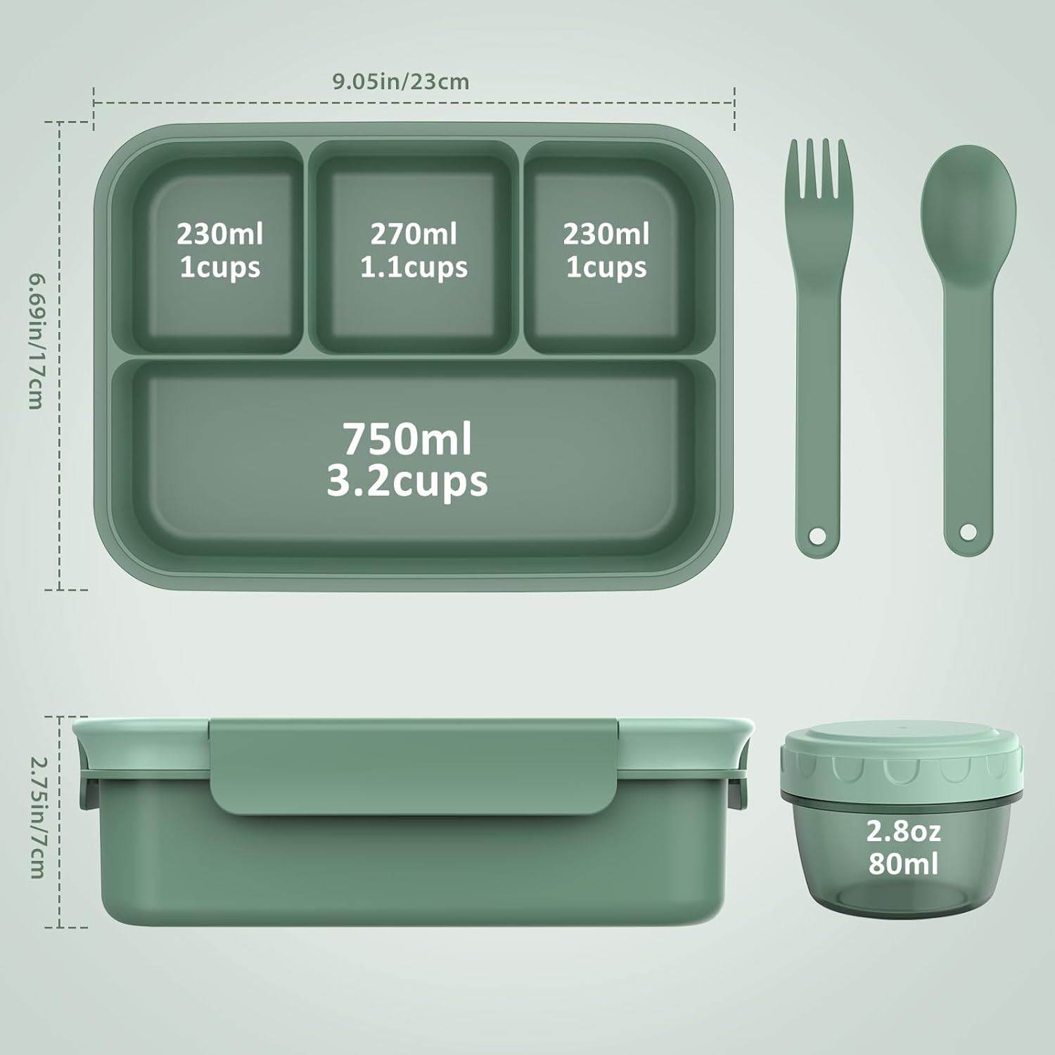 Caperci Bento Box Adult - 50 oz Large Lunch Containers for Adults and Teens, 4-Compartment Bento Lunch Box with Utensils & Leak Proof Sauce Cup, Dishwasher Safe, Durable, BPA-Free (Khaki Green) - Image 2