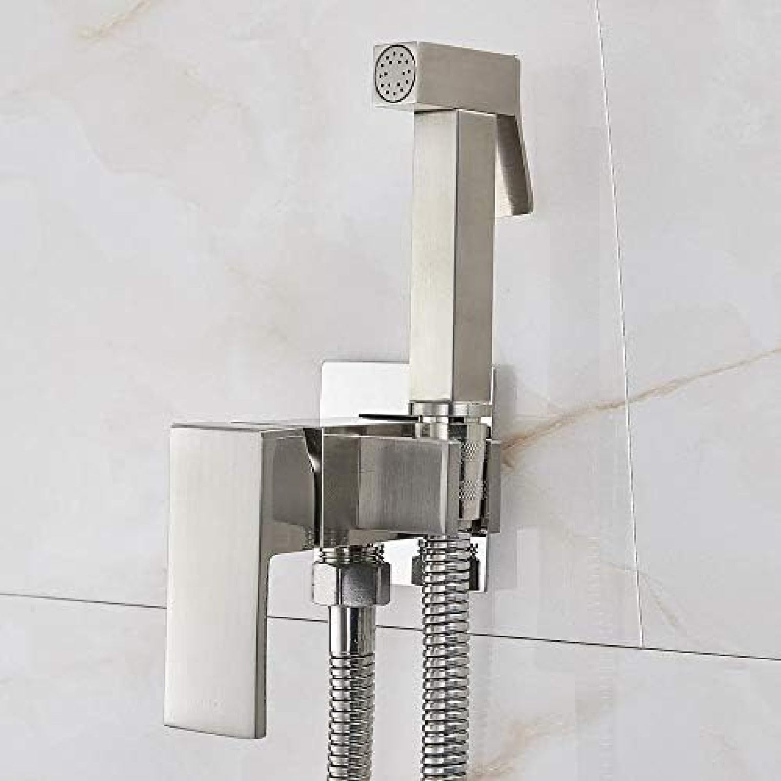 Rubinetto Bidet in Ottone, Miscelatore Doccia, Acqua Calda e Fredda, Rubinetto a spruzzo Quadrato, rubinetti per WC - Nichel Spazzolato, Nichel Spazzolato (Nichel Spazzolato)