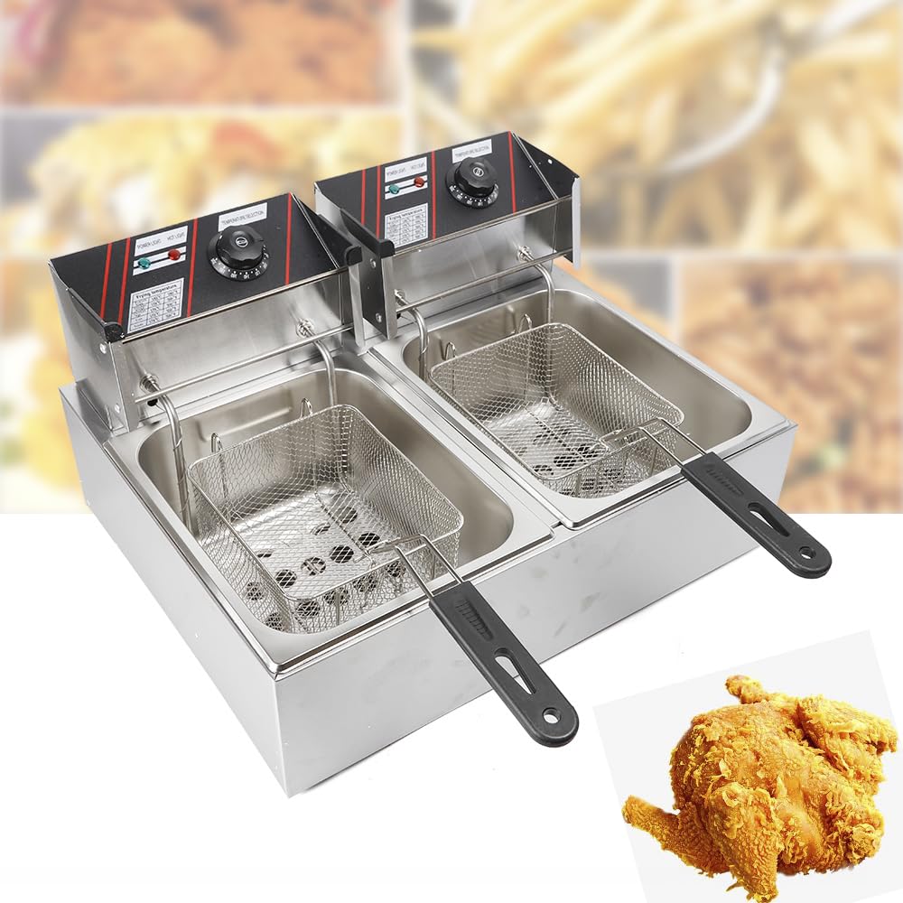 Freidora doble de acero inoxidable, 220 V, freidora eléctrica, 60 – 200 °C, acero inoxidable, con 2 cestas de acero inoxidable, para patatas fritas o aperitivos