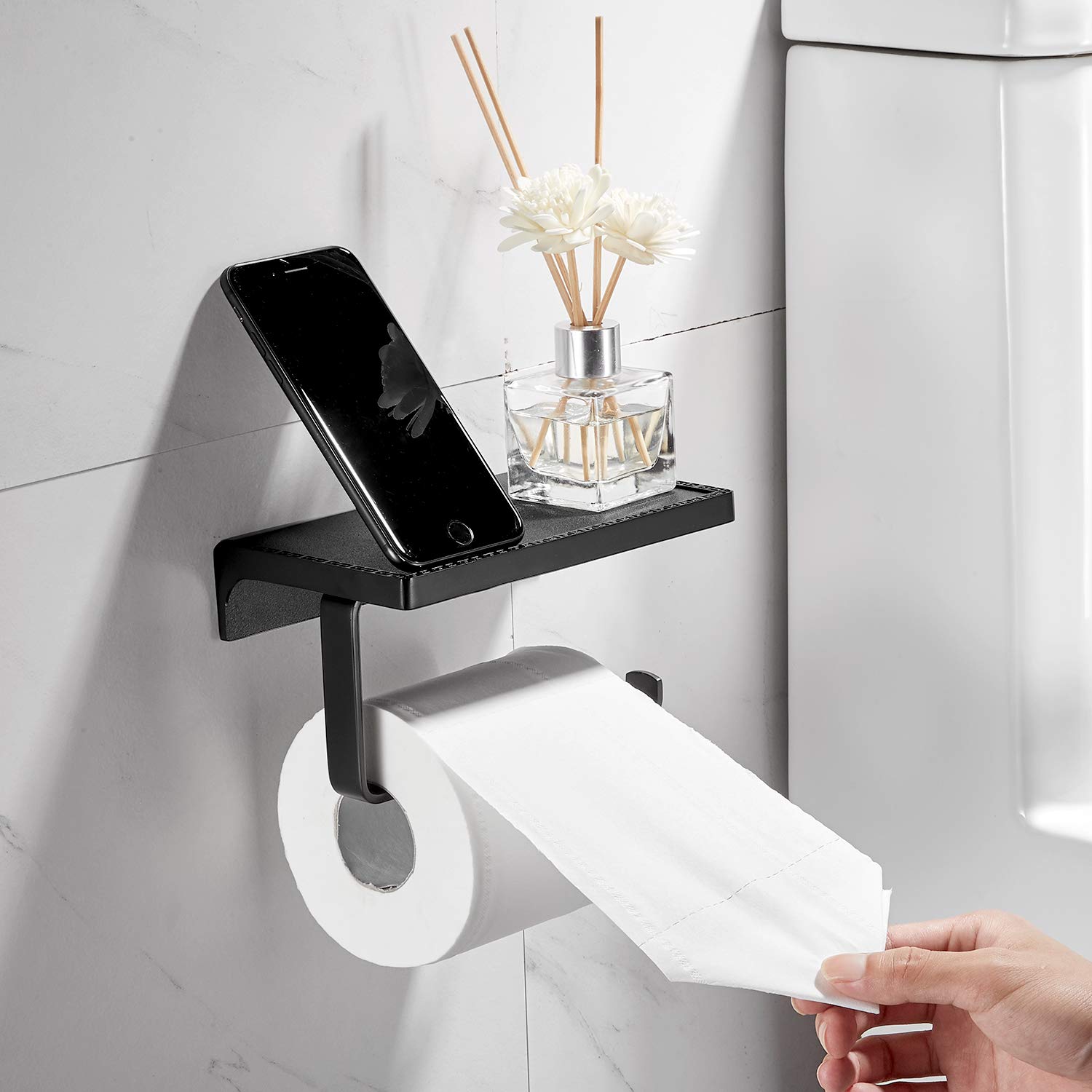 Toilettenpapierrollenhalter mit Ablage Papiertaschentuchspender Aufbewahrung Handyregale Wandmontierte Badaccessoires Schwarz