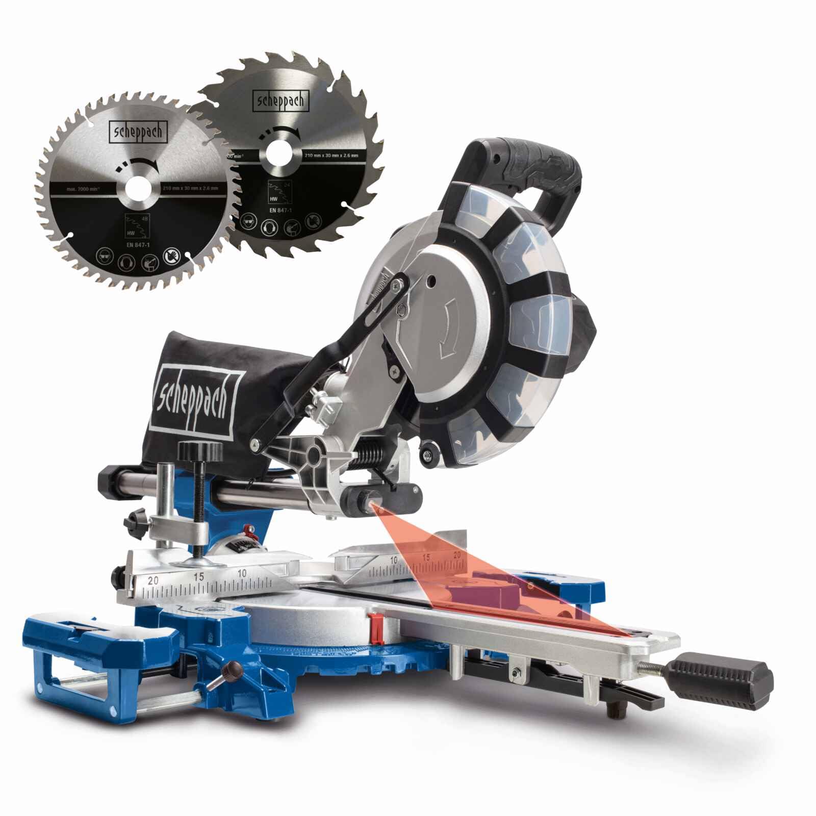 Scheppach HM216SPX Sliding Mitre Saw | 210mm 8" Blade | 2000W | 45° Bevel 340mm Cross Cut | Laser & Quick-Lock | 2 x TCT Blades 24T 48T for Wood, Plastic & DIY