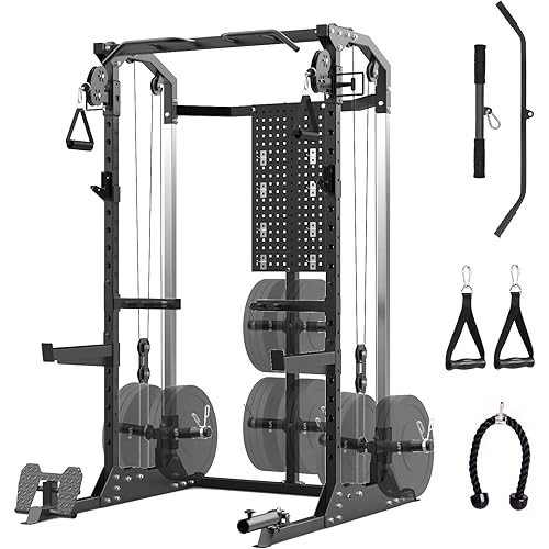 Power Cage, Squat Rack with Cable Crossover and Dual Independent Pulley System, 2000LB Capacity Workout Cage with More Training Attachments, Power Rack for Home Gym