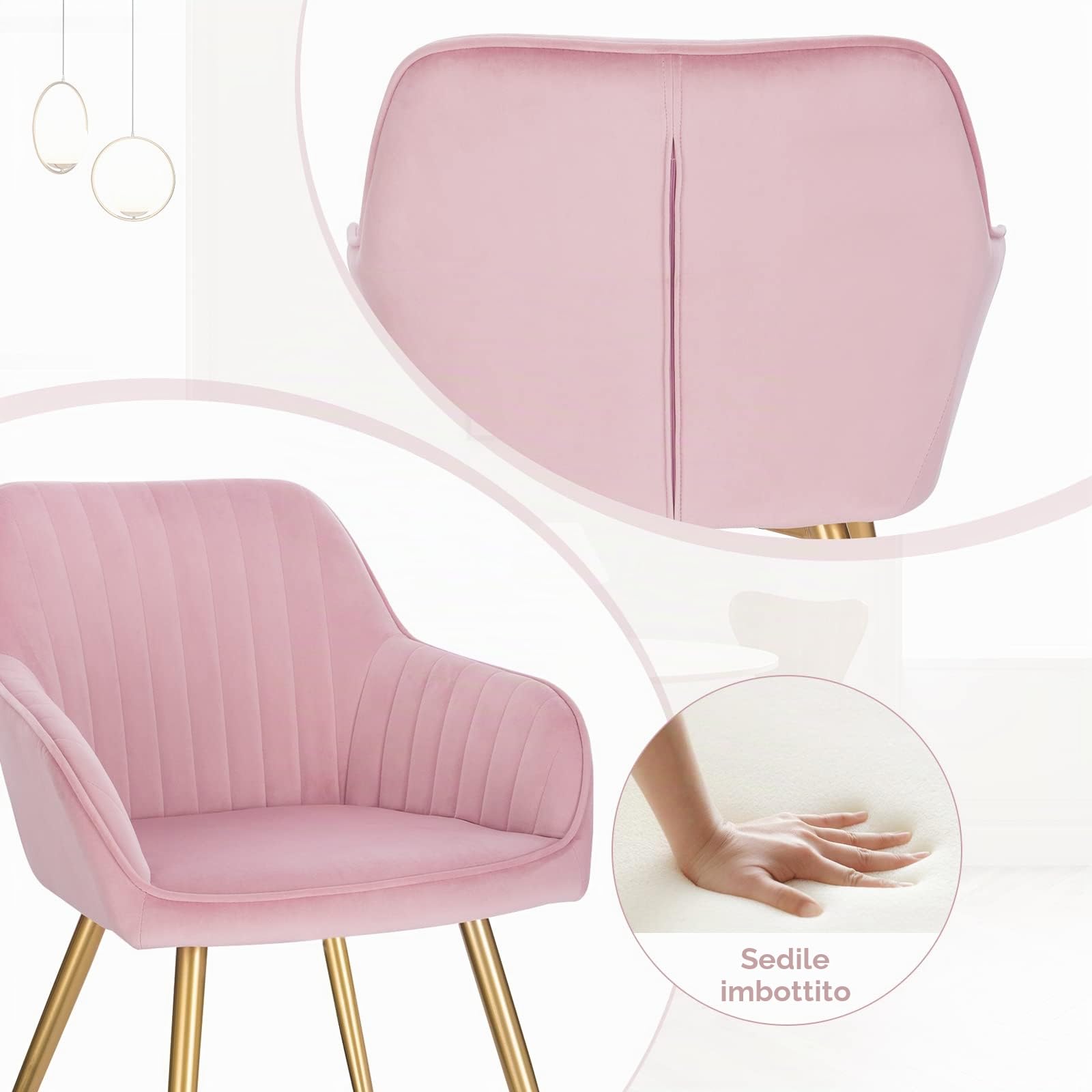 Lestarain 2 X Sedia Poltroncina da Sala Pranzo, Sedie Moderne da Cucina con Schienale e Braccioli, in Velluto, per Camera da Letto Soggiorno, Gambe Metalliche d'Oro Rosa