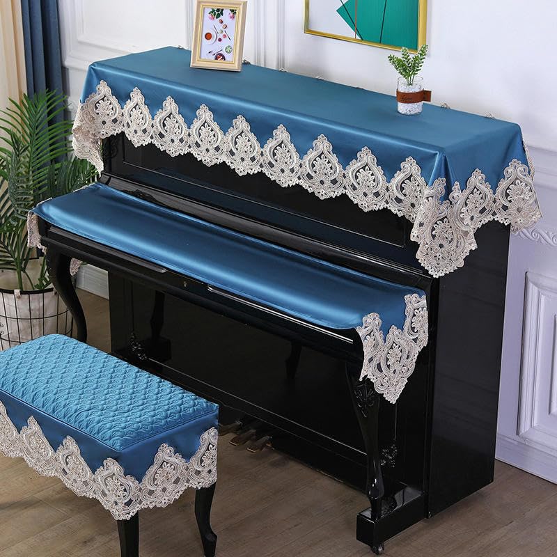 Klavier-Staubschutz, Klaviertastatur-Abdeckung, for 150 cm Standard-Klavier, blau, Spitze, Samt, Rüschen, Staubschutz for aufrecht stehende Klaviere mit Hocker-Abdeckung, halb aufrechte Klavier-Abdeck