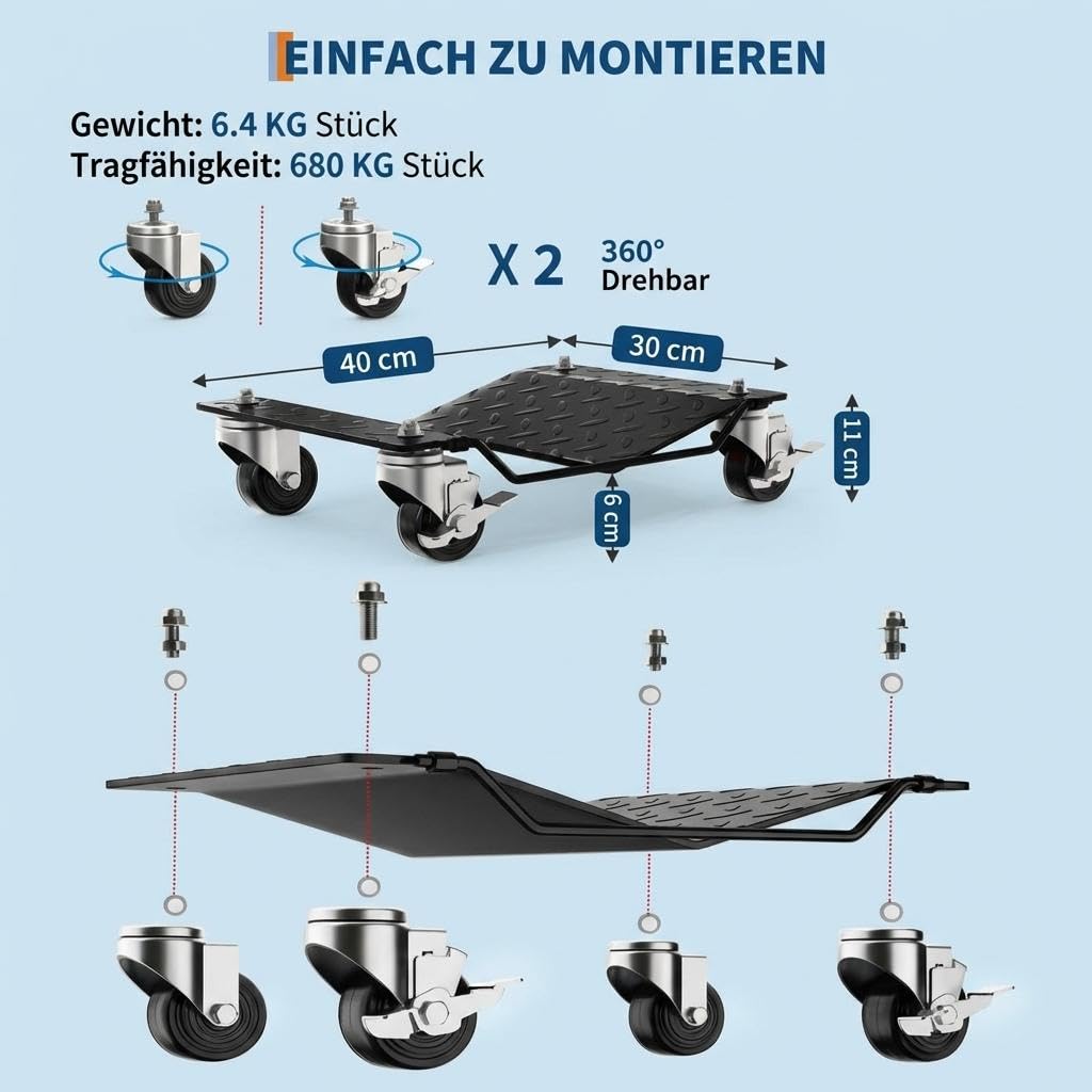 Auto Rangierhilfe Rangierroller 2/4 Stück – Schwerlast Fahrzeugheber 1360 kg Tragfähigkeit Mit Bremsen Für Autos, LKWs, Anhänger & Motorräder – Rot/Schwarz