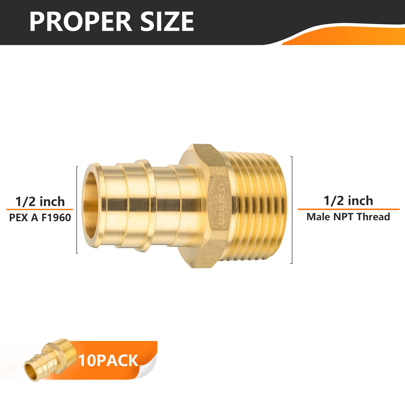 HeSun Paquete de 10 accesorios Pex A, adaptador de rosca macho de expansión Pex de 1,27 cm, NPT macho de 1,27 cm x adaptador de expansión Pex de 1,27 cm, ASTM F1960