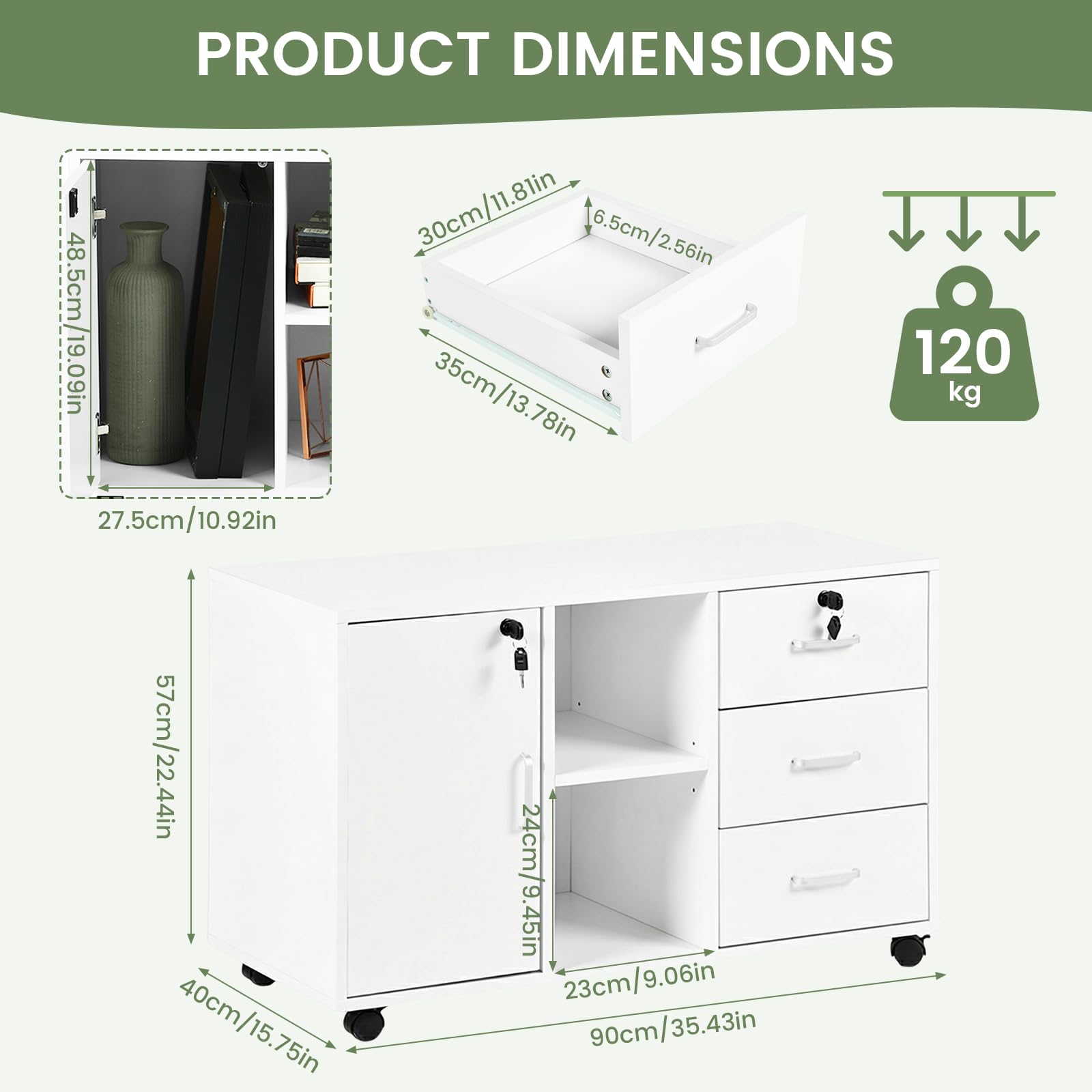 Caisson de Rangement, Meuble Bureau à 4 roulettes, 3 Tiroirs, 2 Compartiments Ouverts à Étagères Réglables,Verrouillable Armoire sous Bureau pour Papier Administratif, Imprimante,Salon,Blanc