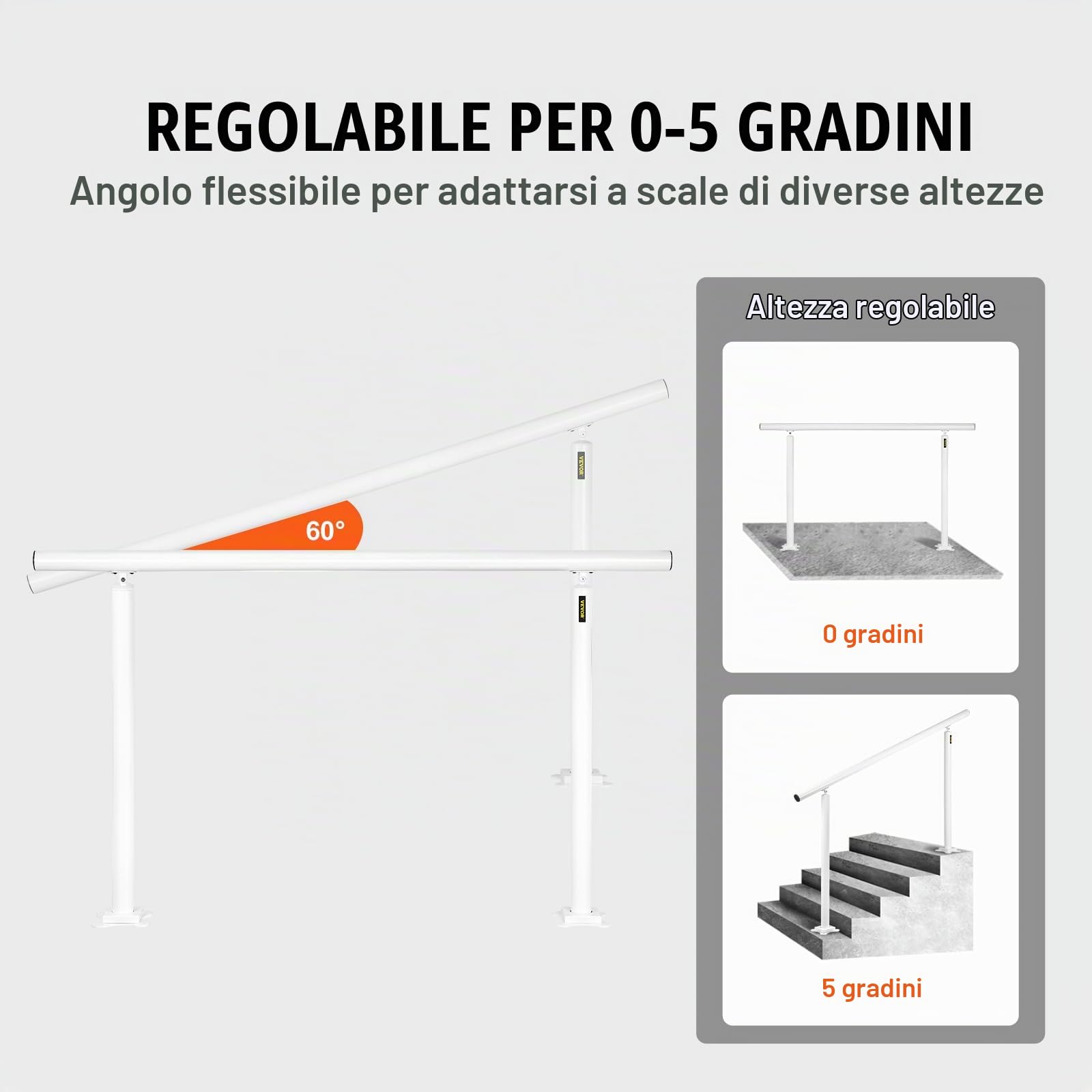 VEVOR Kit di Corrimano per Scale da Esterno Interno Bianco in Alluminio Adattabile 0-5 Gradini, Corrimano con Palo Doppio Lunghezza 152,8cm Altezza 91cm Massimo 5 Gradini, Corrimano in Allumino Bianco