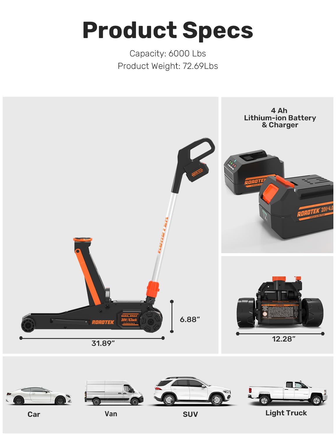 †яi¢к/RADIANT/TRICK　③ ROADTEK 3 Ton Electric Floor Jack, Battery Powered Lifting, Low