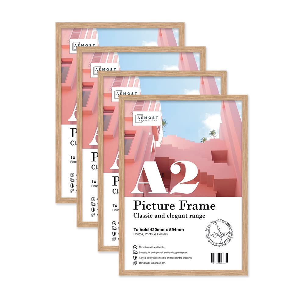 Almost Frameless Oak A2 Picture Frame Set Of 4, Display A2 Picture Gallery Wall, Poster, Photo, Artwork, Or Print,