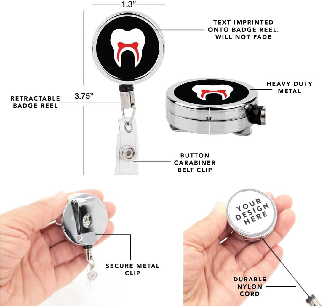 Andaz Press Retractable Badge Reel Holder with Clip, Heavy Duty Metal Name Tag Retractable ID Key Belt Clip Tooth Teeth Dental Periodontist, Essential Nurse, Doctor, Hospital Medical Organs
