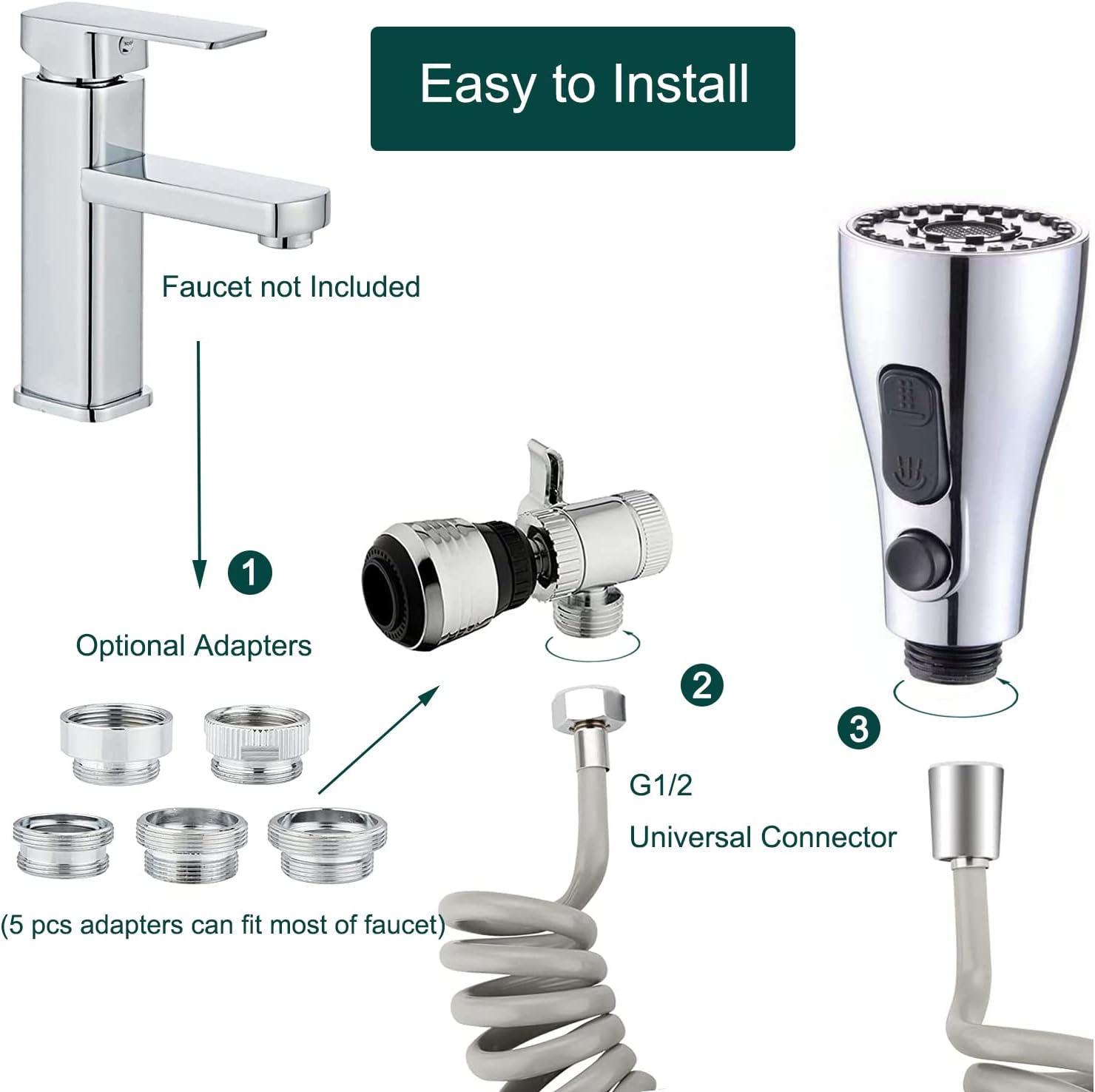 Kitchen Faucet Hose Attachment, Sink Sprayer Attachment with Sprayer Replacement Head, 79” Recoil Hose, Pressurized Faucet Aerator and Diverter Valve (5 Adapters) for Washing Fruit/Dishes, Pet Shower