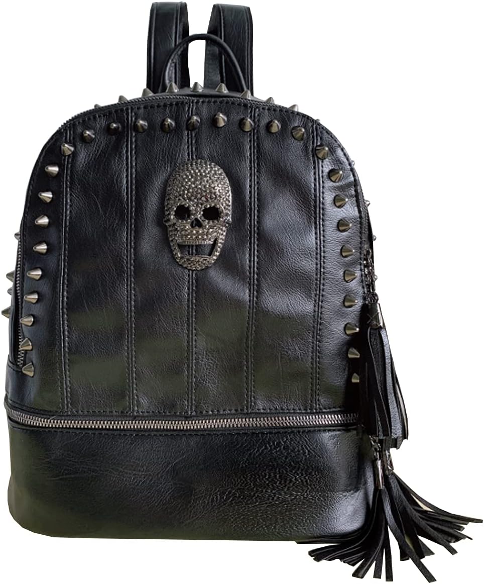 Women Skull Backpack Rivet Studded Fashion Daypack Gothic Purse Tassel Zipper (Slivet Round Rivet) - Image 2
