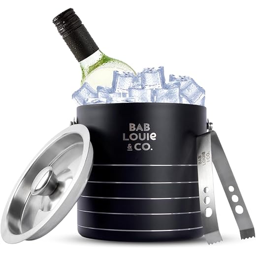 Bab Louie & Co. Double-Wall 1.8 L Insulated Stainless Steel Ice Bucket with Tong for Cocktail Bar, Elegant Black Ice Bucket for Cocktail Bar, Ice Buckets for Parties with Lid