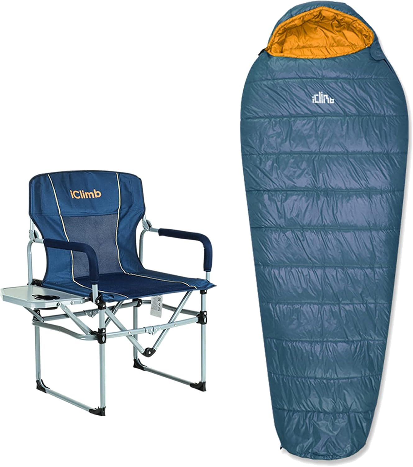 iClimb 1 Heavy Duty Compact Folding Chair and 1 3M Thinsulate Insulation Sleeping Bag Bundle for Single Adult Outdoor Indoor Camping Patio Porch Backyard Lawn Garden Balcony Concert BBQ