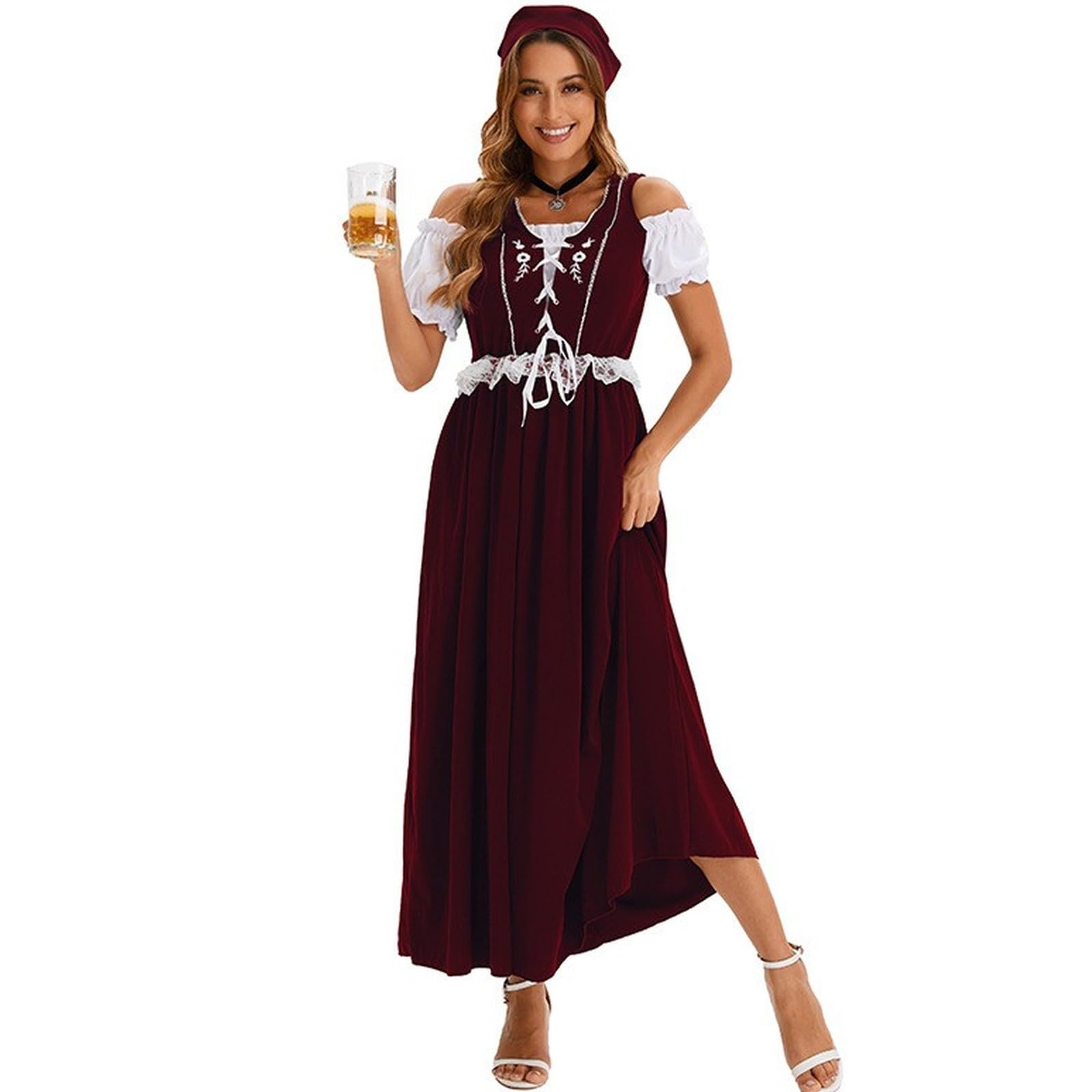 Dirndl Lang Damen Festlich Maxi Dirndl-Komplettsets Trachtenkleid Damen Lang Set Ohne Schürze Oktoberfest Outfit Frauen Kleider mit Spitze Dirndlkleid inkl. Dirndlbluse und Kopftuch