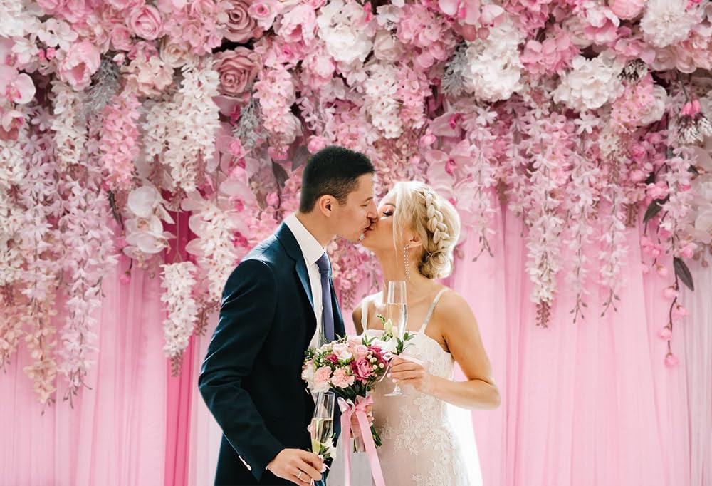 3x2.4m Toile de Fond Mur de Fleurs Rose Rideau Photographie Florale Fond Filles Rose Douche Nuptiale Mariage Anniversaire Fleurs Bébé Fille Bébé Shower Décorations Bannière Photo Booth Props