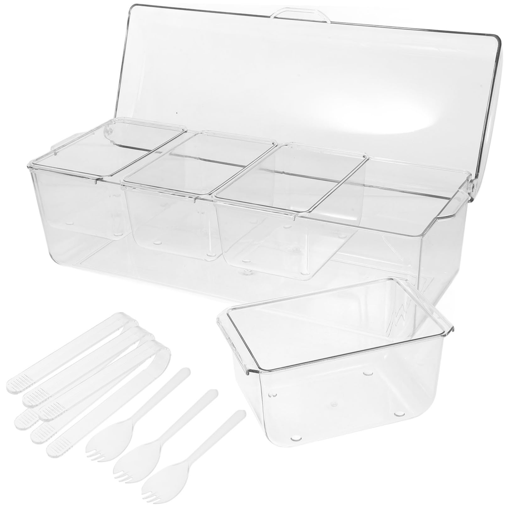 INOOMP Contenitore Condimenti Refrigerato Trasparente con Scomparti e Coperchio Organizer Salate Portatile per Feste Picnic e Barbecue Multiuso con Forchette e Clip