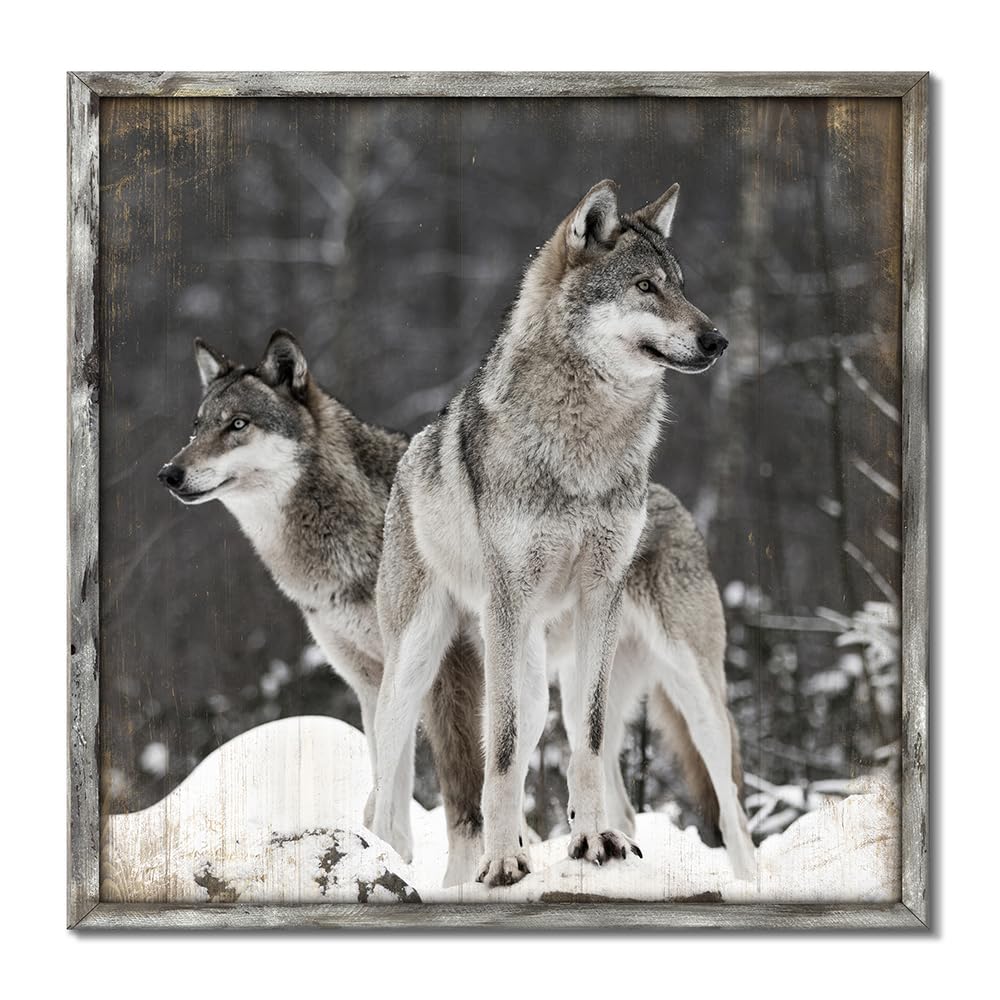 wooden framed wolf artwork for walls: black wolves picture wildlife animal wall art - gray forest wolf prints painting for bedroom wall decor 24"x24"