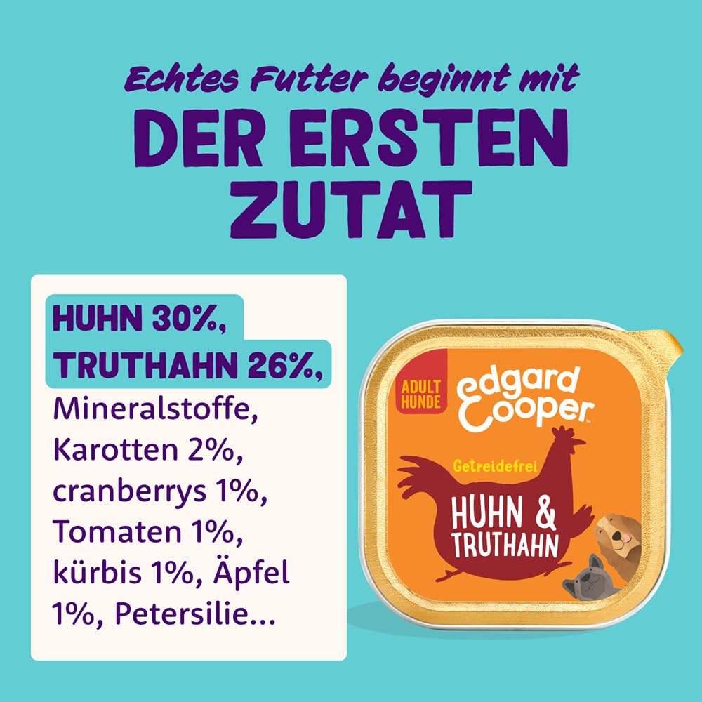 Edgard & Cooper Nassfutter für Hunde, (Huhn & Truthahn, 300g x 18), Getreidefrei, natürliche Zutaten und frisches Fleisch, voller essentieller Aminosäuren