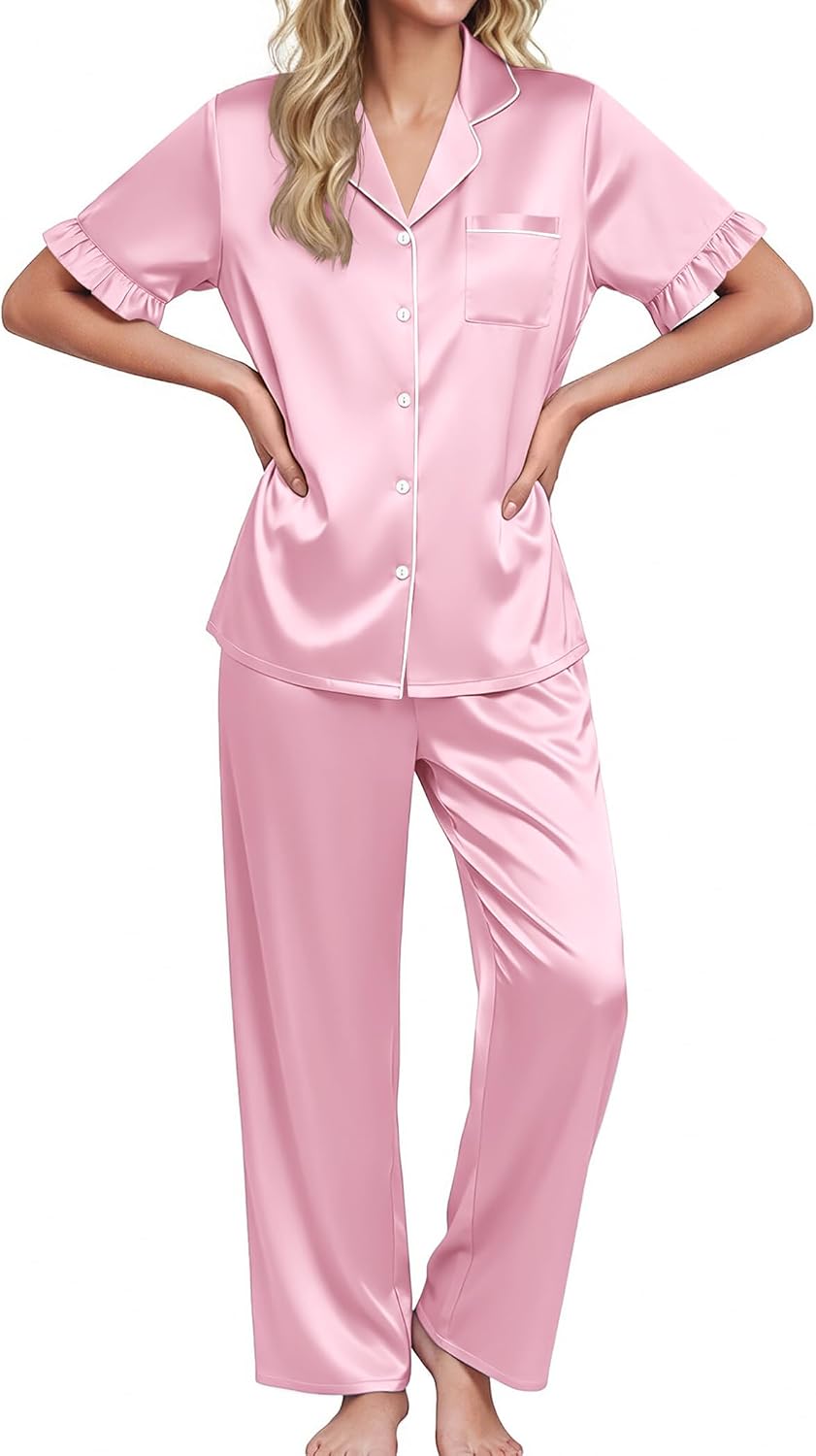 Ekouaer Silk Satin Pajamas for Women Set 2 Piece Short Sleeve Button Up Pjs