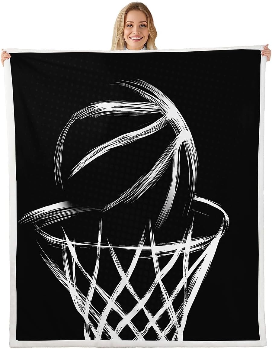 Basketball Hoop Abstract Throw Blanket for Kids, Black and White Fleece, Chic Simplistic Monochrome Design, 60"x80", European Sports Ball Sofa Couch Decor