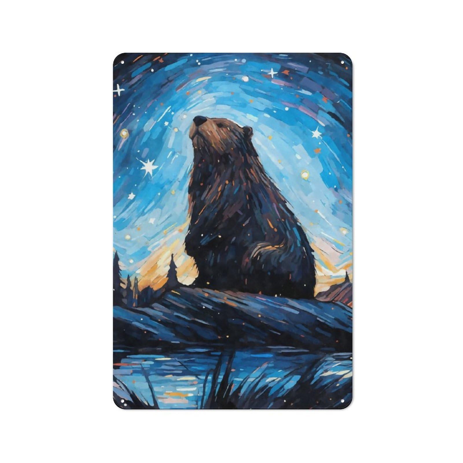 Junmoney Beaver Bober Starry Night Metal Wall Sign 30X20cm Featuring For Pub Or Café, For Vintage Wall Decor Fans, For Home Office And Studio Walls