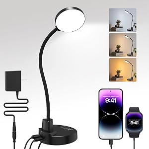 15W LED Desk Lamp with USB C & USB-A Port, 3 Color Temperatures, 5 Brightness Dimmable Table Lamp, 4 Timers, Flexible Gooseneck Light, 3.5'' Eye-Caring Reading Lamp for Home Office - Black