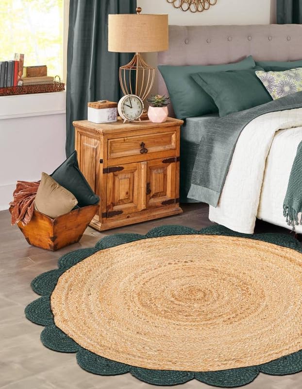 Tapis rond jute naturelle 2,1 m vert pour salon et chambre bohème