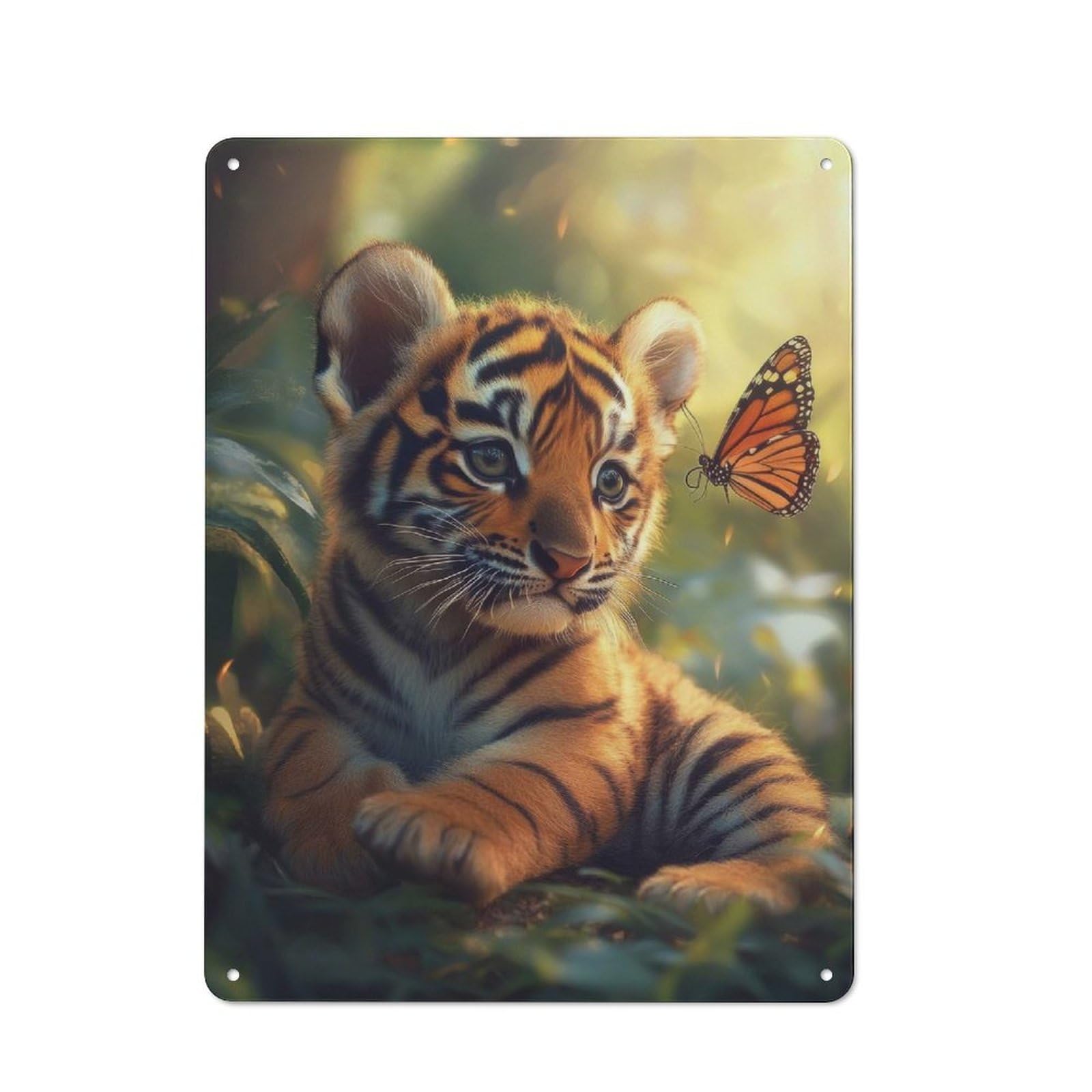 Junmoney Tiger Cub With Butterfly Bistro Style Decorative Metal Plaque 40X30cm, Bistro Wall Plaque For Tea Room, Shop Wall Or Breakfast Area