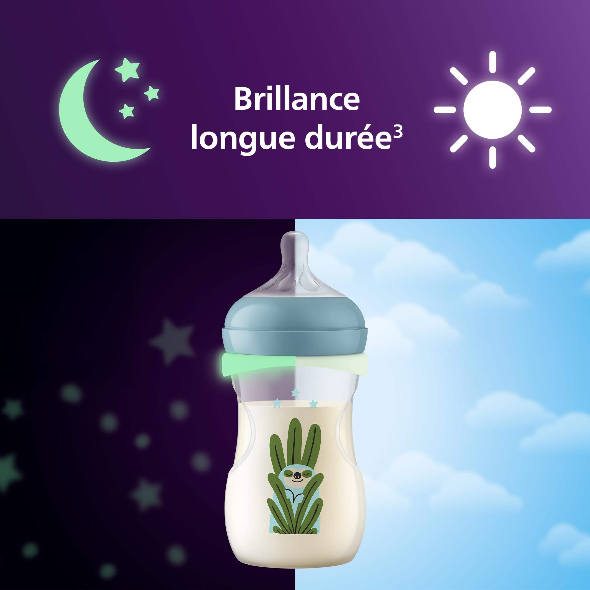 Philips Avent Biberon nuit Natural Response – bouteille 260 ml avec tétine à débit moyen (débit 3), anneau de biberon phosphorescent, motif petit paresseux endormi, SCY903/81