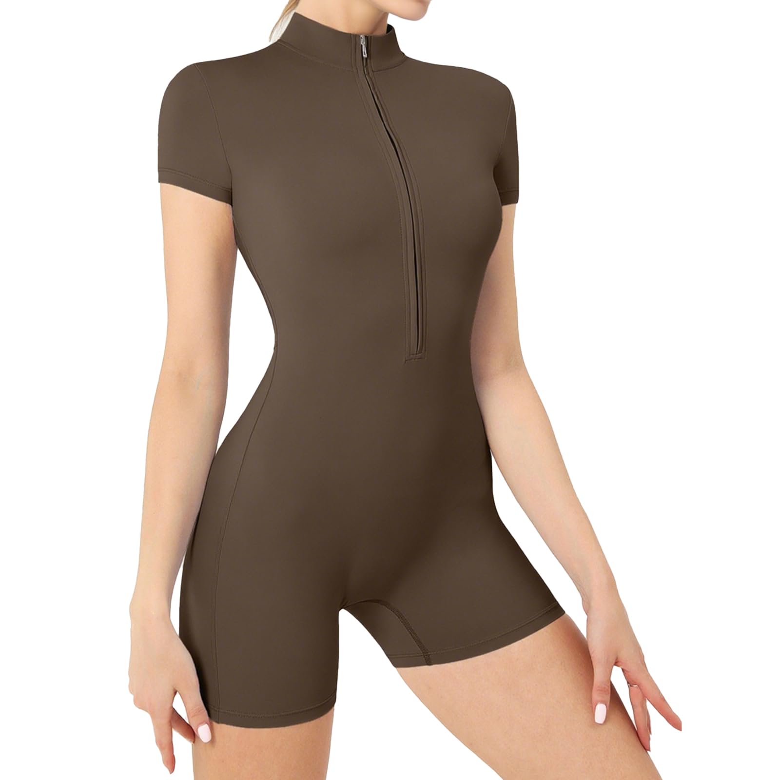 Combinaison de sport pour femme - Combinaison courte moulante | Combinaison à manches courtes et fermeture éclair, sexy et tendance pour l'été, idéale pour le yoga, le sport et le quotidien