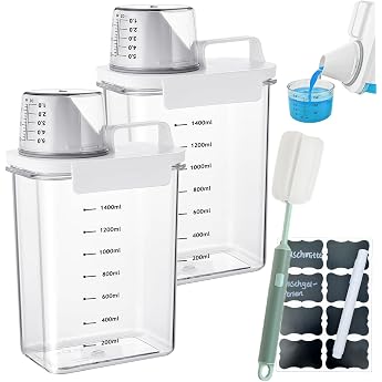 Detergent Storage Pack of 2 1800 ml Airtight Detergent Dispenser with Measuring Cup Multi-Purpose Detergent Box for Powder Transparent Multifunctional Detergent Box for Washing Powder