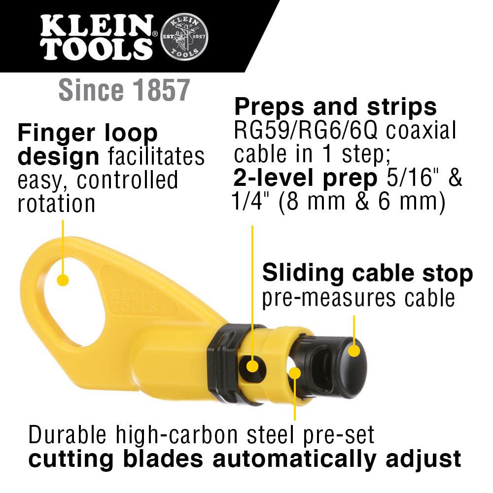 Kit d'installation coaxial dans une pochette moulée avec sertissage, pince à dénuder radiale et coupe-câble Klein Tools VDV011-852