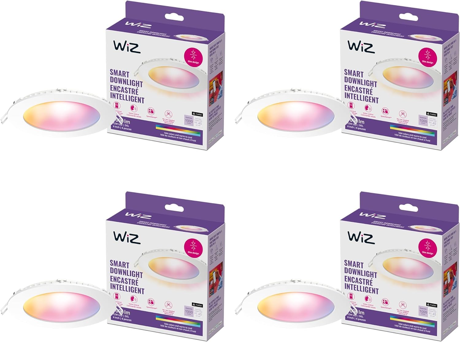 WiZ Connected 6-inch Slim Color Downlight - Pack of 4-2200K-6500K - Indoor - Connects to Your Existing Wi-Fi - Control with Voice or App - Matter Compatible