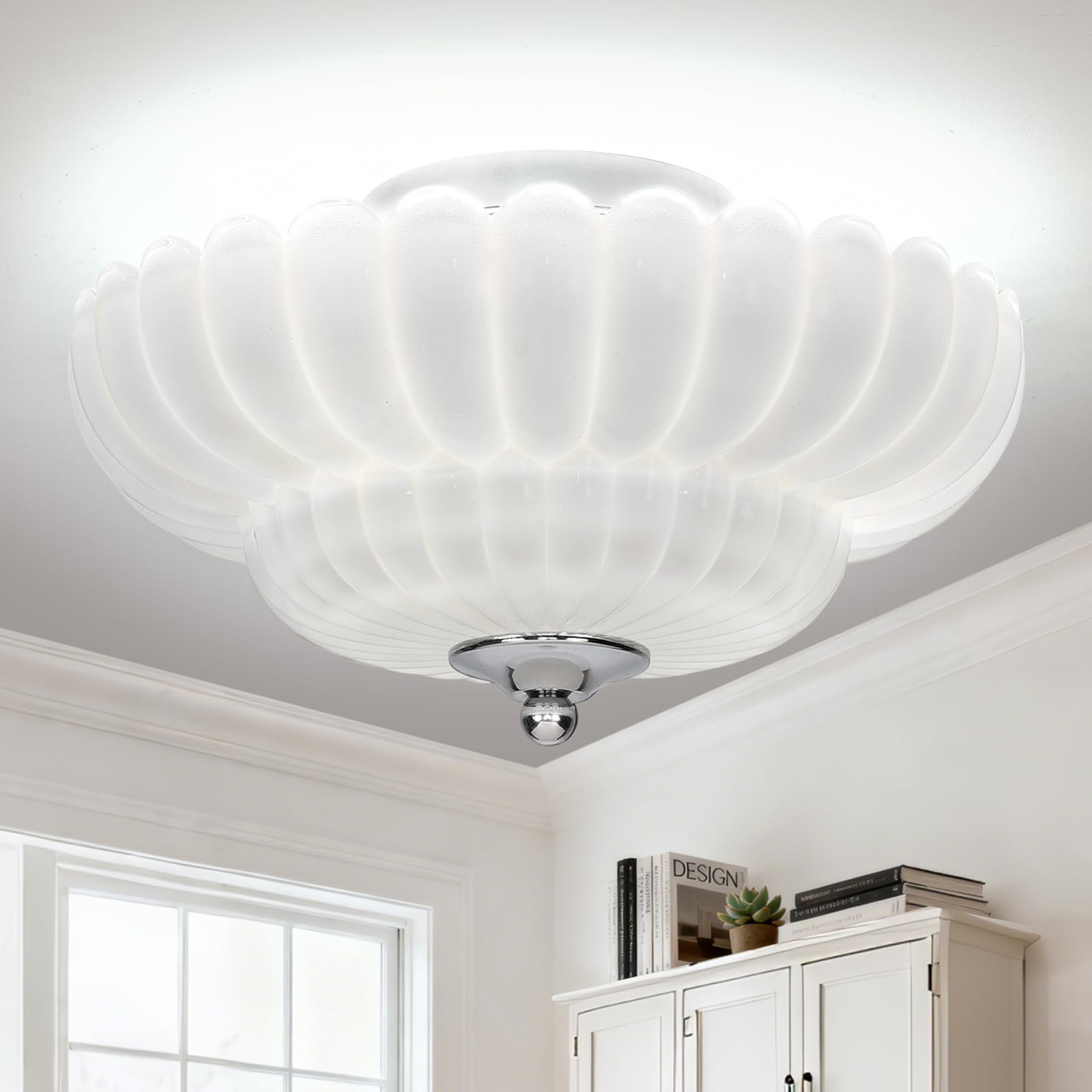 Photo 1 of haodengshi Modern White Ceiling Light Fixture, 12" White Glass Flush Mount Chandeliers, Semi Flush Mount Ceiling Light Fixture Suitable for Living Room Hallway Kitchen Bedroom