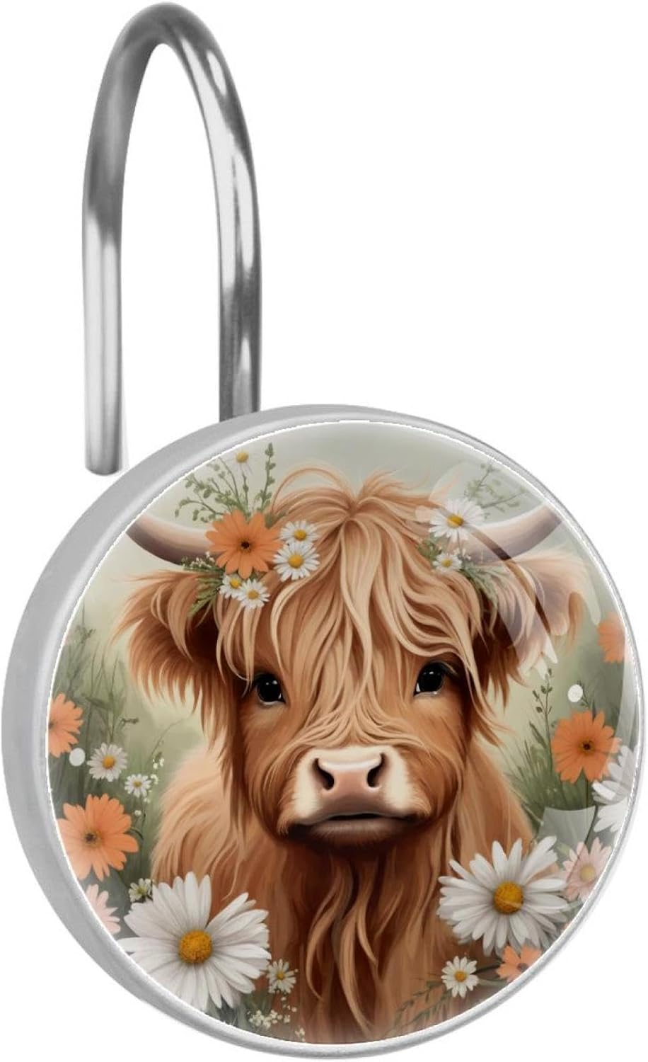 Highland Cow Daisies Shower Curtain Hooks, Rustproof Shower Curtain Rings for Bathroom, Metal Decorative Shower Curtain Hooks Hangers for Shower Curtain Rod, Set of 12 Round Shaped