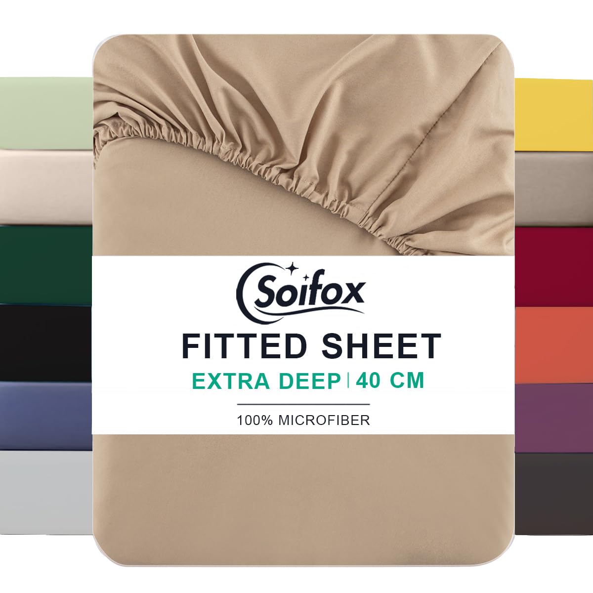 Soifox Super King Fitted Sheet Sandy Beige - Bed Sheets with Extra Deep Pocket 16 inch (40 cm), Soft Microfiber Bottom Sheet for Superking Bed, 180x200cm