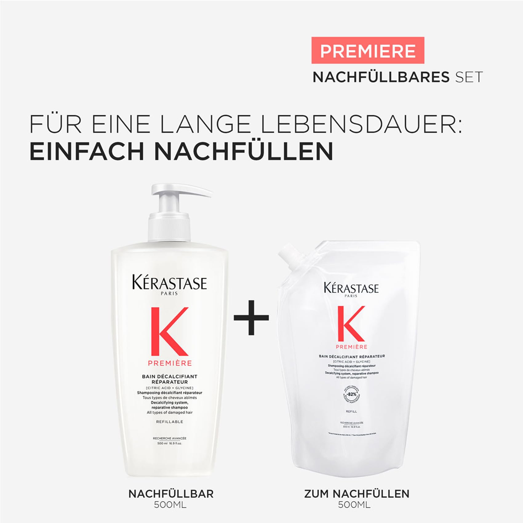 Kérastase Première Bain Décalcifiant Réparateur Nachfüllset, Reparierendes Haarbad bei geschädigtem Haar, Enthält: Bain Décalcifiant Réparateur 500 ml im Pumpspender sowie 500-ml-Nachfüllpackung