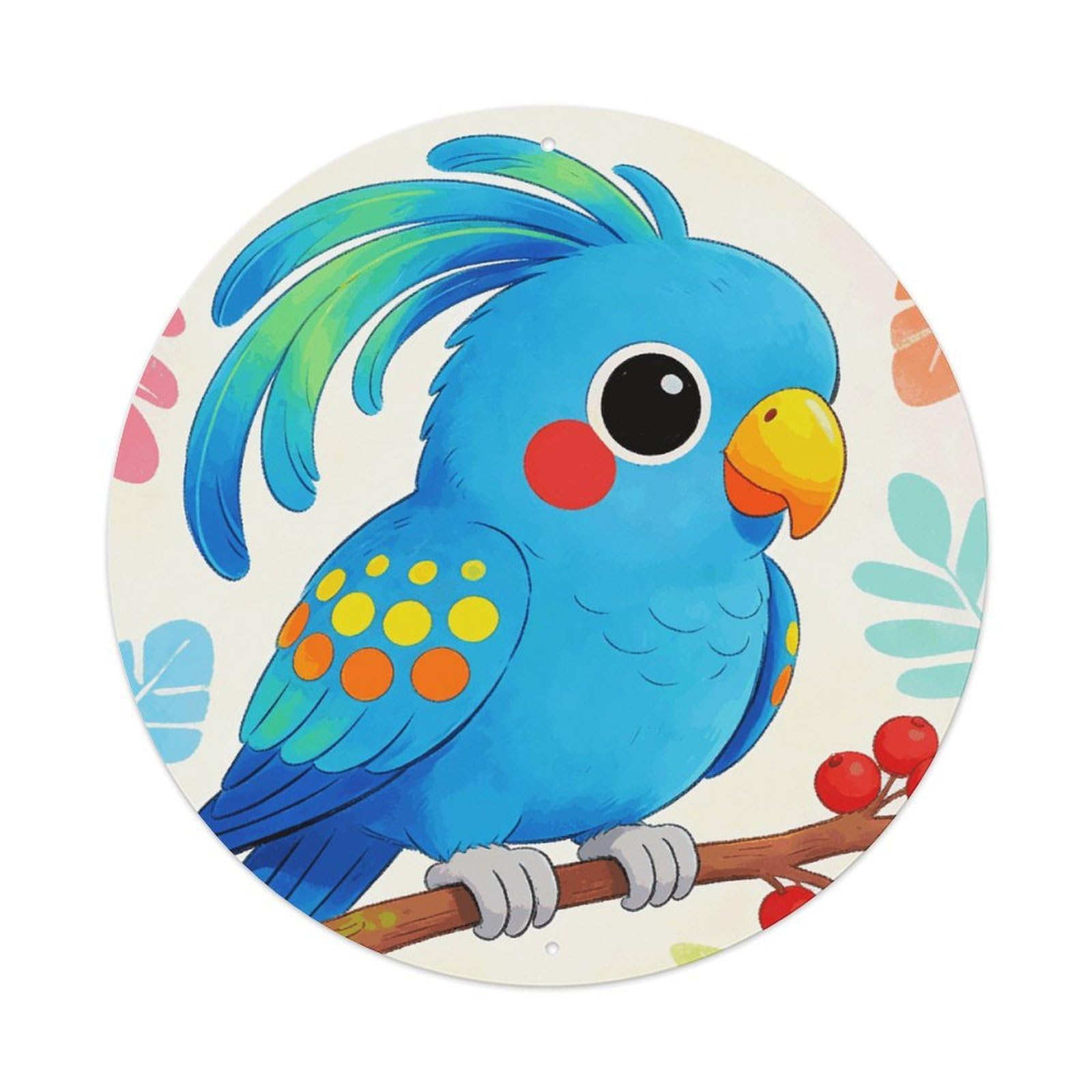 LZQPOEAS Macaw Round Aluminum Wall Art Sign, Metal Indoor Wall Decor with Holes, Durable Circular Aluminum Plaque for Home, Bar, Cafe, Living Room, And Office Decoration